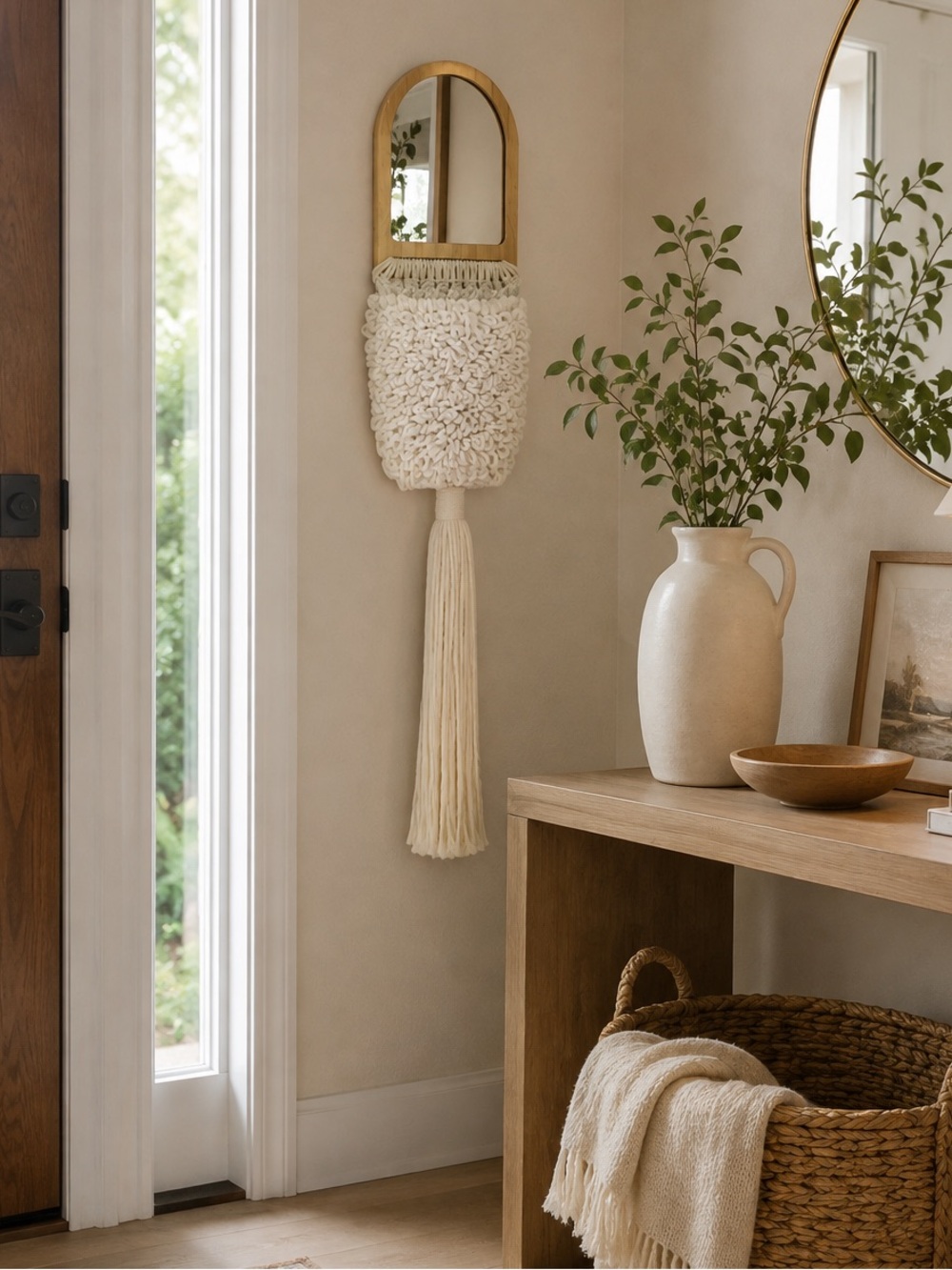 NEW White Cotton Macrame Basket Boho Wooden Mirror Wall Decor Bohemian Cottage